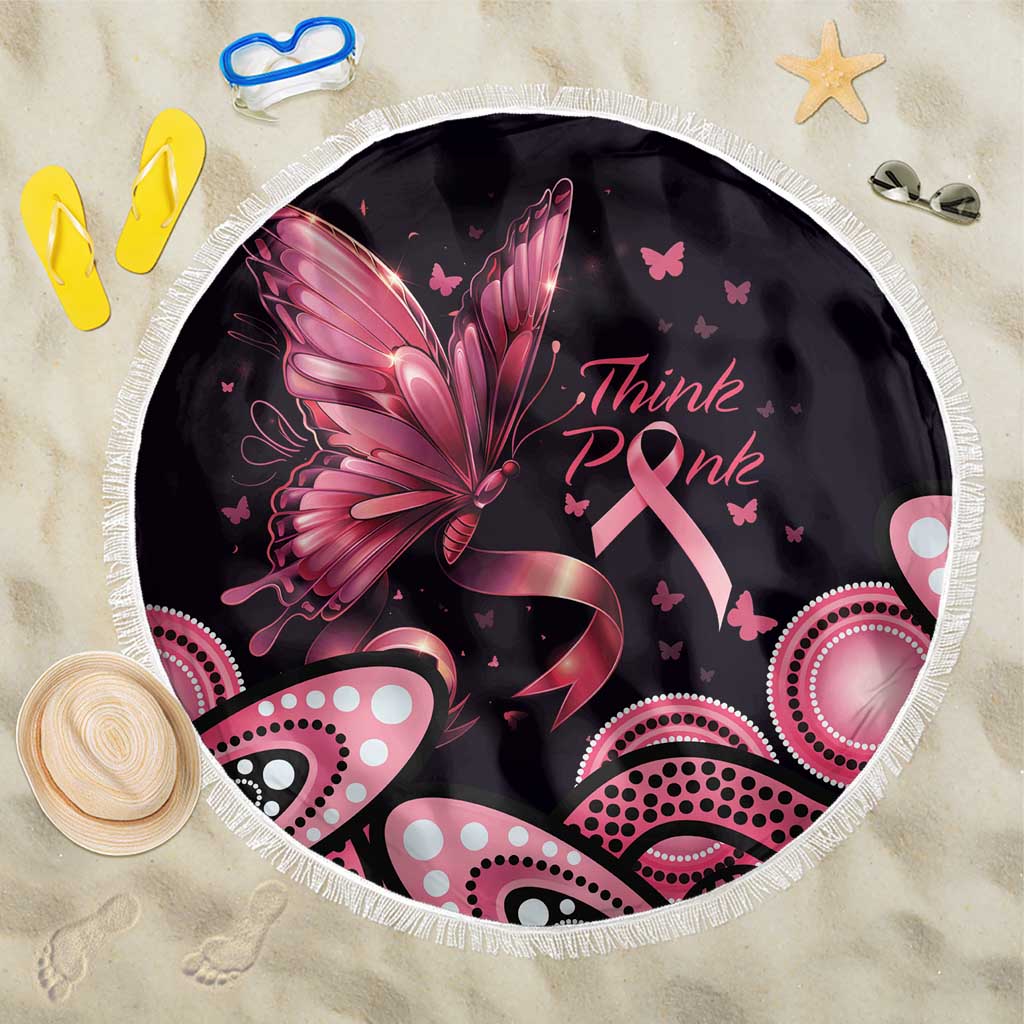 Think Pink Butterfly Ribbon Aboriginal Art Beach Blanket