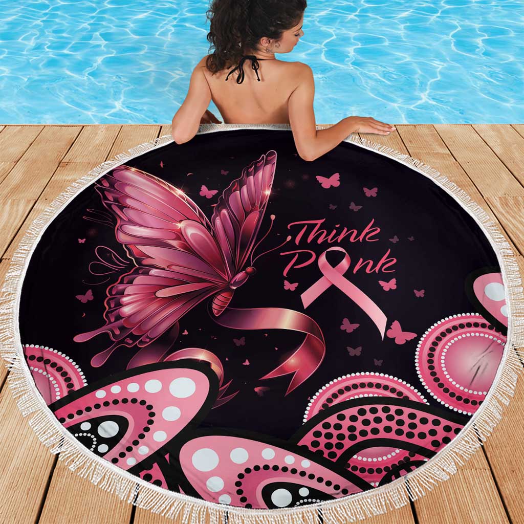 Think Pink Butterfly Ribbon Aboriginal Art Beach Blanket
