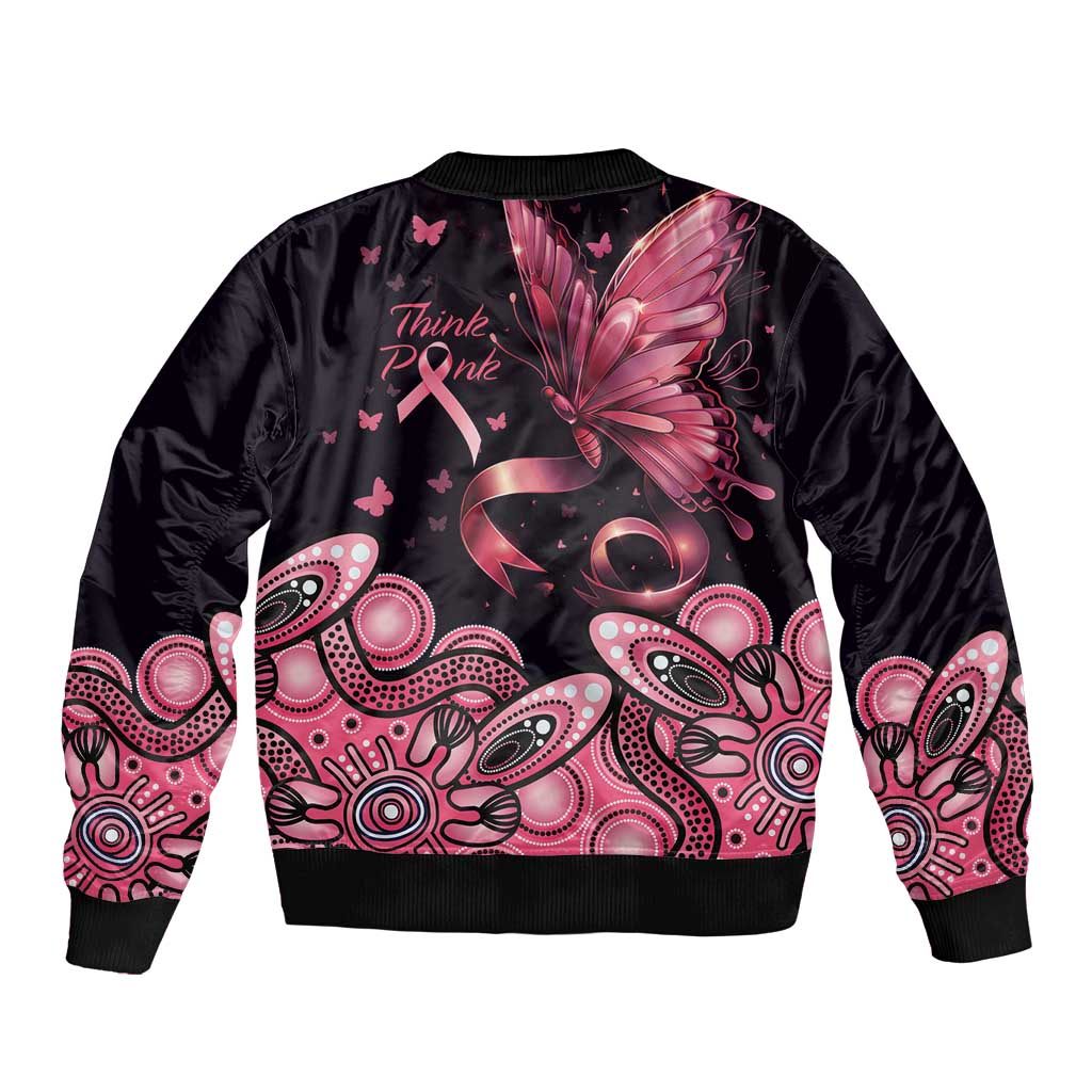 Think Pink Butterfly Ribbon Aboriginal Art Bomber Jacket