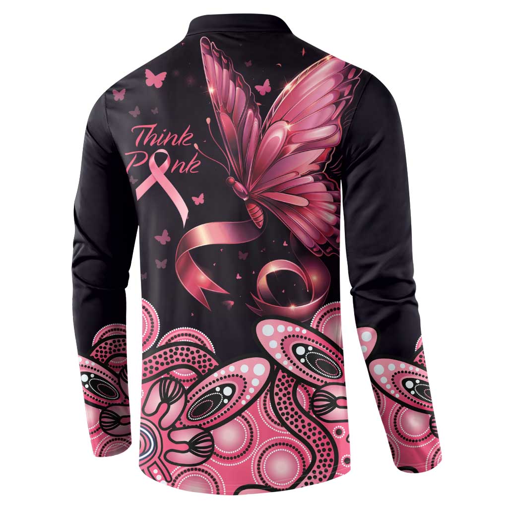 Think Pink Butterfly Ribbon Aboriginal Art Button Sweatshirt