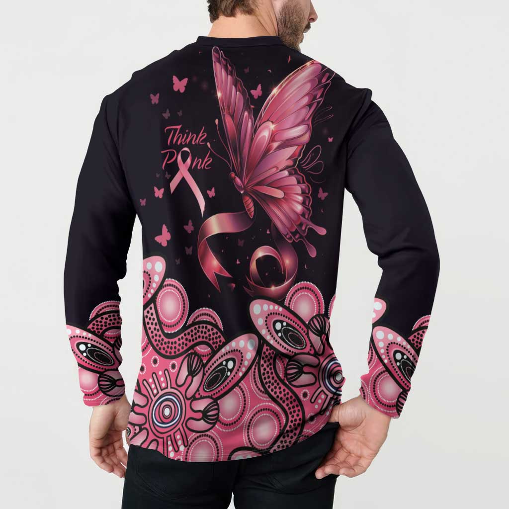 Think Pink Butterfly Ribbon Aboriginal Art Button Sweatshirt