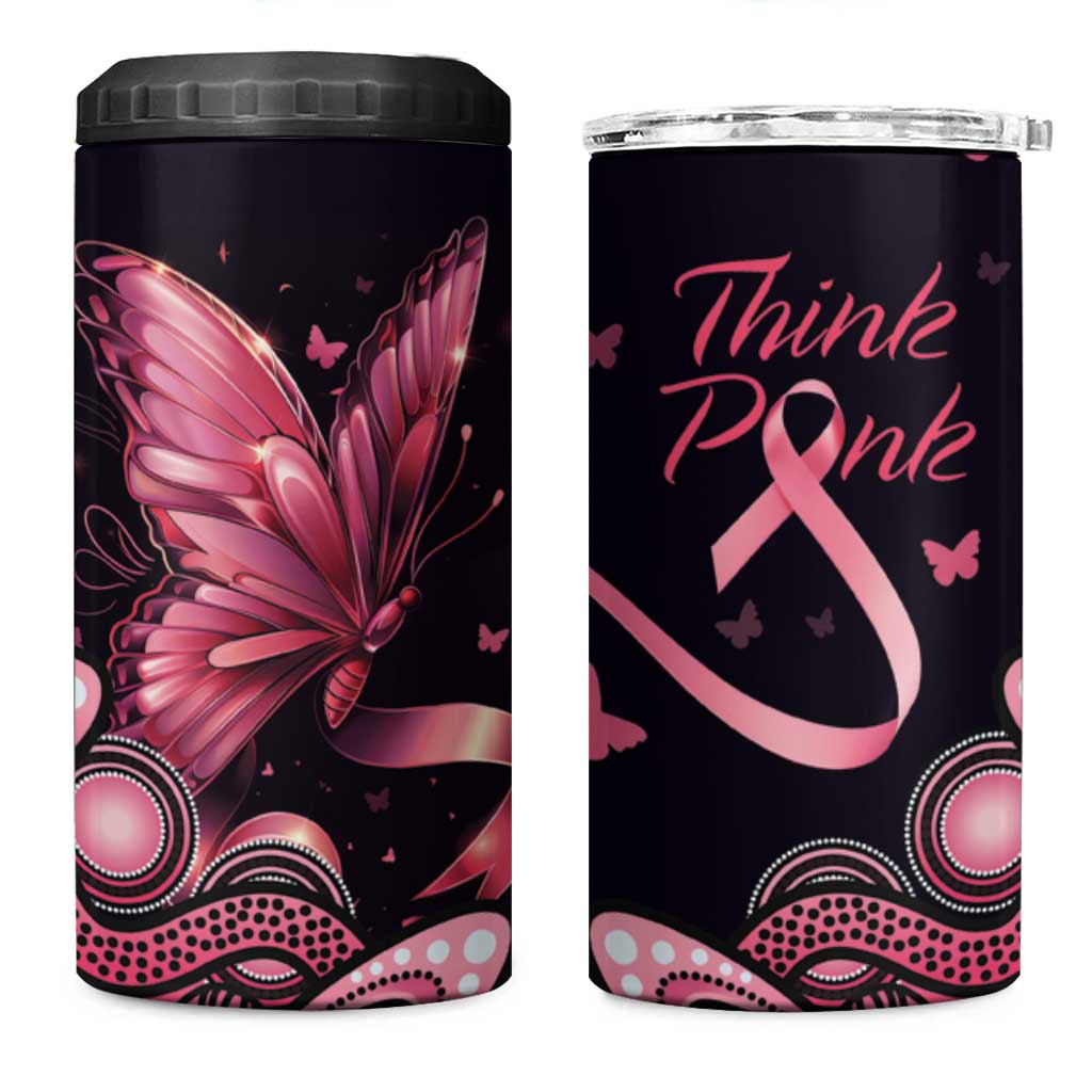 Think Pink Butterfly Ribbon Aboriginal Art 4 in 1 Can Cooler Tumbler