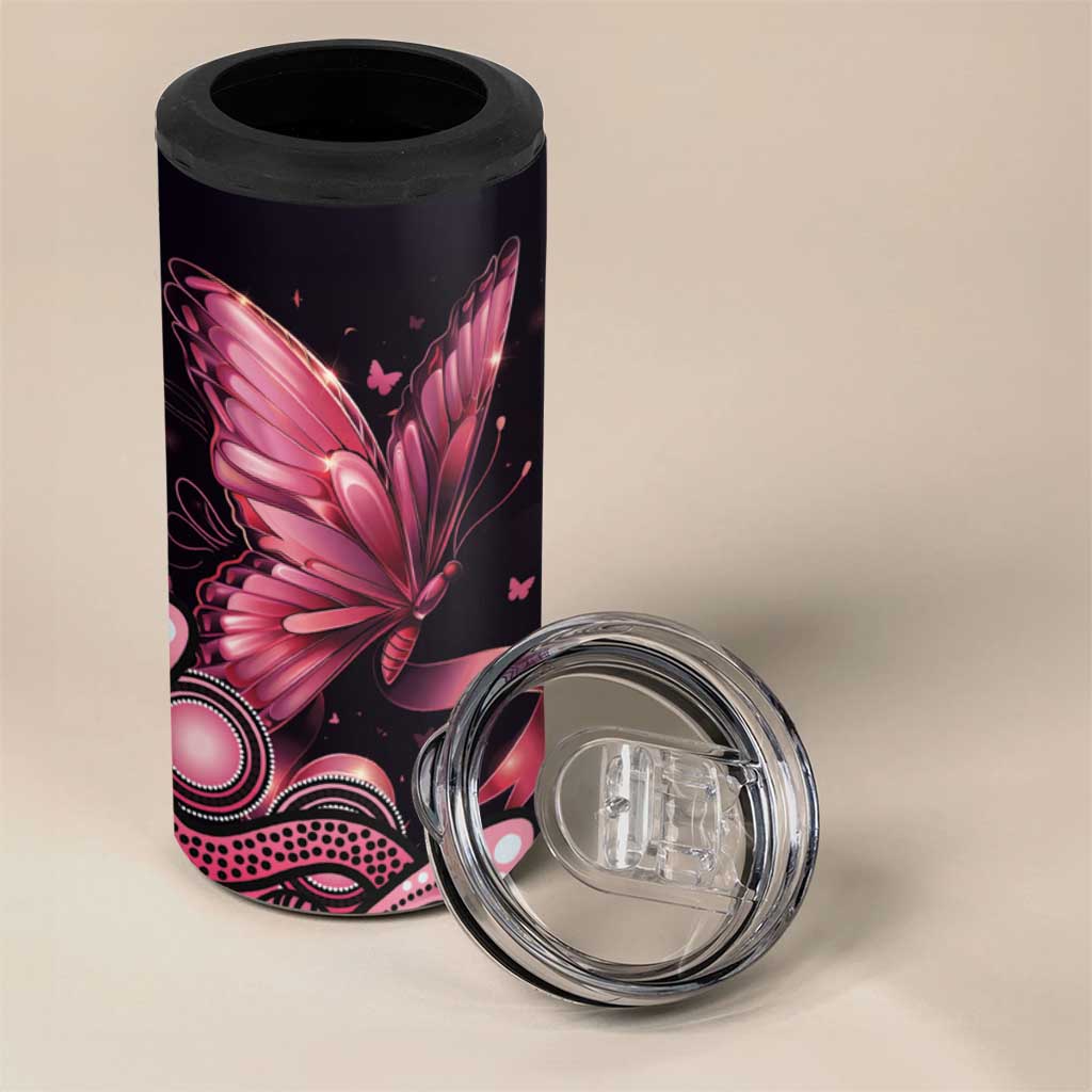 Think Pink Butterfly Ribbon Aboriginal Art 4 in 1 Can Cooler Tumbler