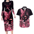 Think Pink Butterfly Ribbon Aboriginal Art Couples Matching Long Sleeve Bodycon Dress and Hawaiian Shirt