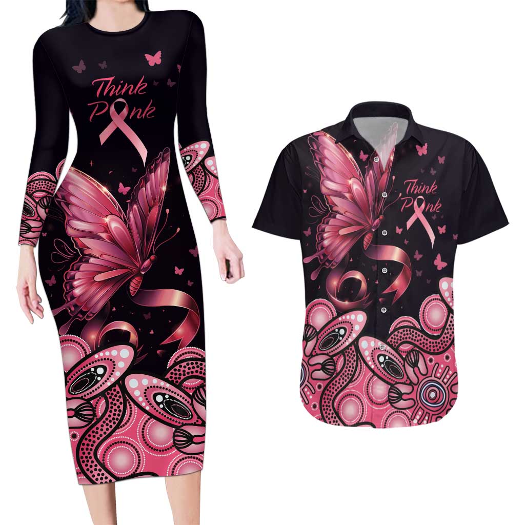 Think Pink Butterfly Ribbon Aboriginal Art Couples Matching Long Sleeve Bodycon Dress and Hawaiian Shirt