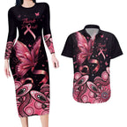 Think Pink Butterfly Ribbon Aboriginal Art Couples Matching Long Sleeve Bodycon Dress and Hawaiian Shirt