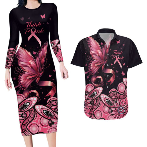 Think Pink Butterfly Ribbon Aboriginal Art Couples Matching Long Sleeve Bodycon Dress and Hawaiian Shirt