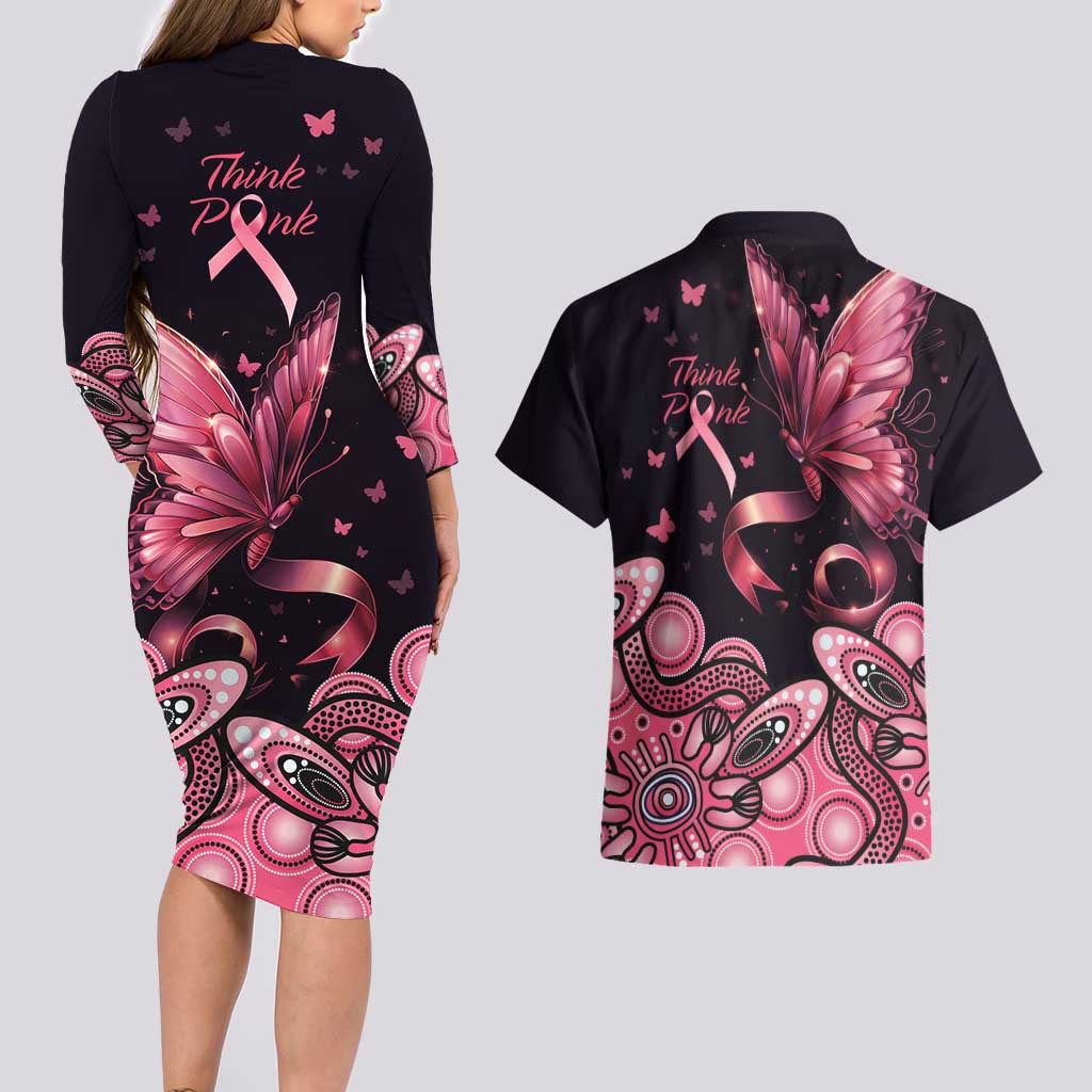Think Pink Butterfly Ribbon Aboriginal Art Couples Matching Long Sleeve Bodycon Dress and Hawaiian Shirt