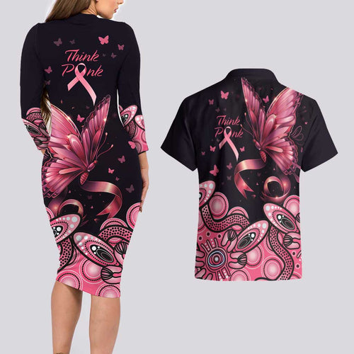 Think Pink Butterfly Ribbon Aboriginal Art Couples Matching Long Sleeve Bodycon Dress and Hawaiian Shirt