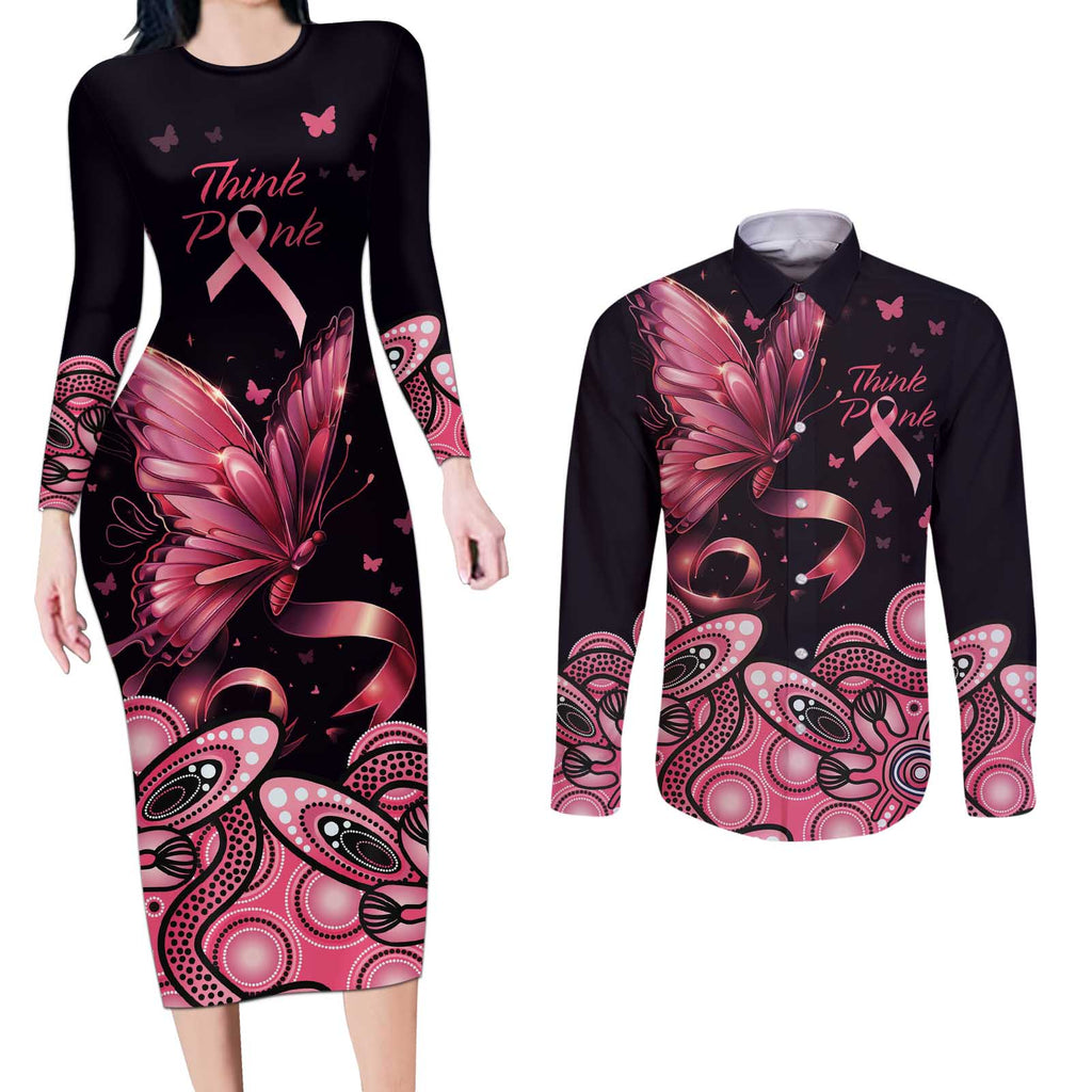 Think Pink Butterfly Ribbon Aboriginal Art Couples Matching Long Sleeve Bodycon Dress and Long Sleeve Button Shirt