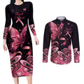 Think Pink Butterfly Ribbon Aboriginal Art Couples Matching Long Sleeve Bodycon Dress and Long Sleeve Button Shirt
