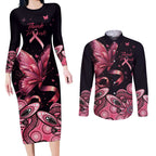 Think Pink Butterfly Ribbon Aboriginal Art Couples Matching Long Sleeve Bodycon Dress and Long Sleeve Button Shirt
