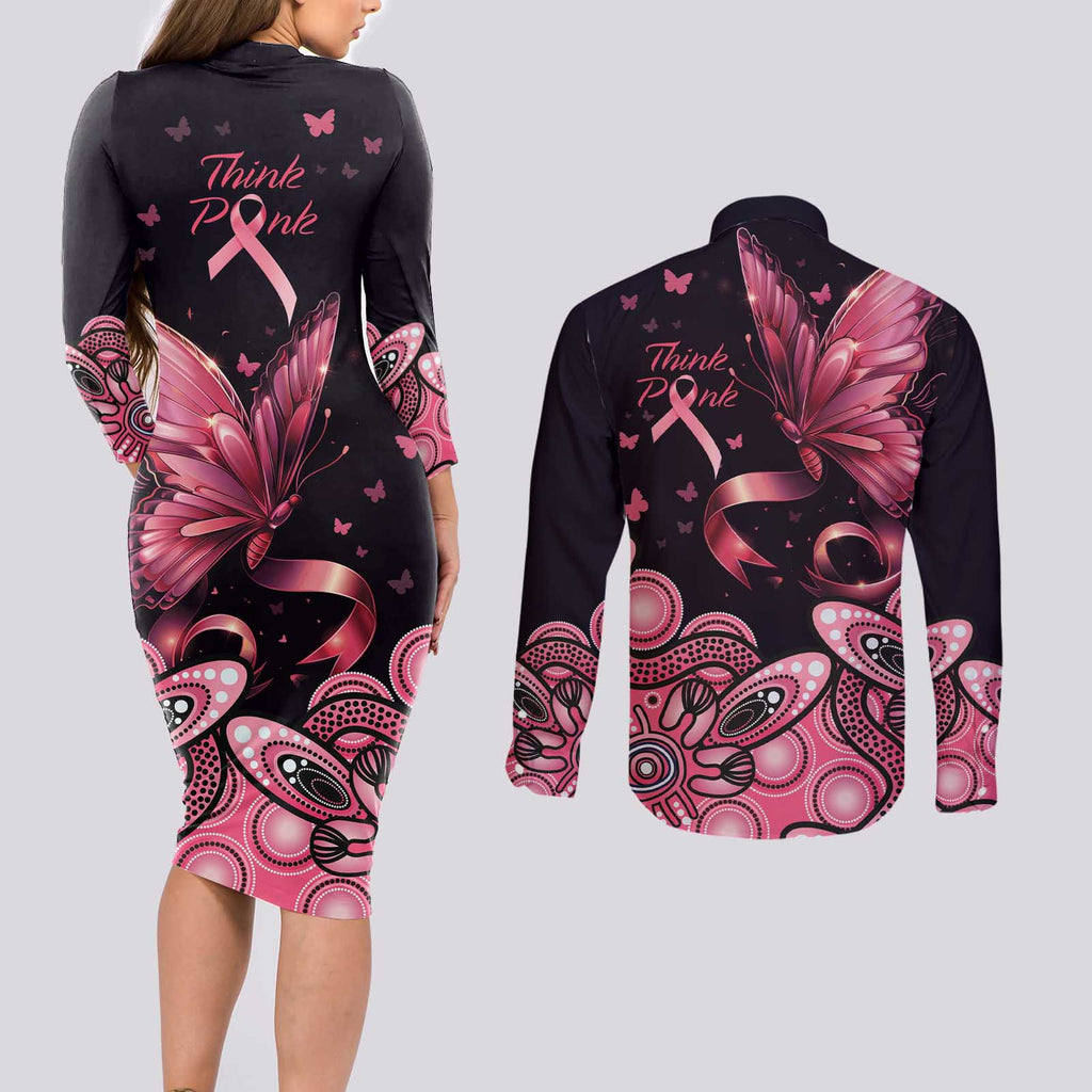 Think Pink Butterfly Ribbon Aboriginal Art Couples Matching Long Sleeve Bodycon Dress and Long Sleeve Button Shirt