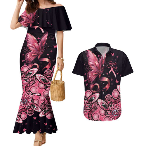 Think Pink Butterfly Ribbon Aboriginal Art Couples Matching Mermaid Dress and Hawaiian Shirt