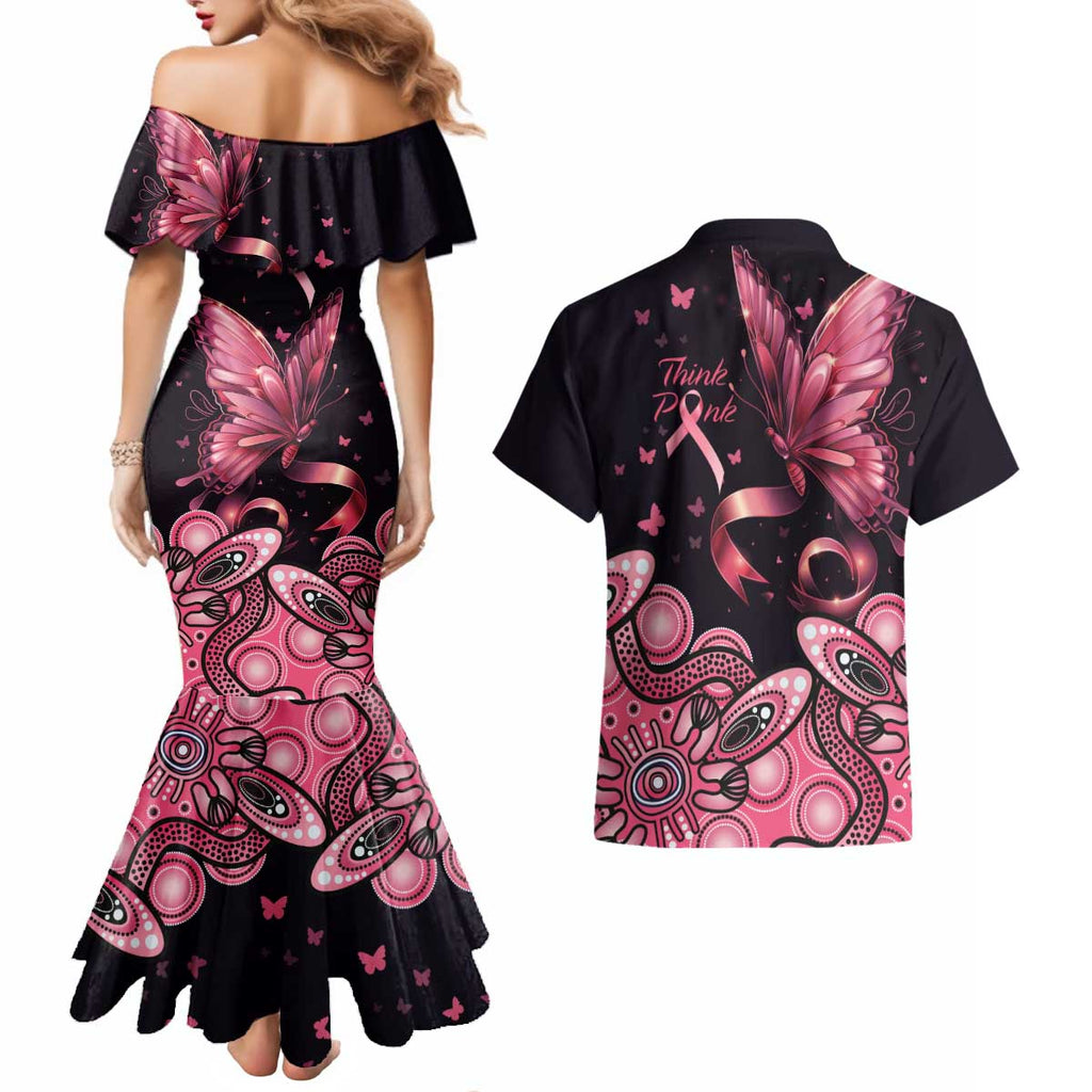 Think Pink Butterfly Ribbon Aboriginal Art Couples Matching Mermaid Dress and Hawaiian Shirt