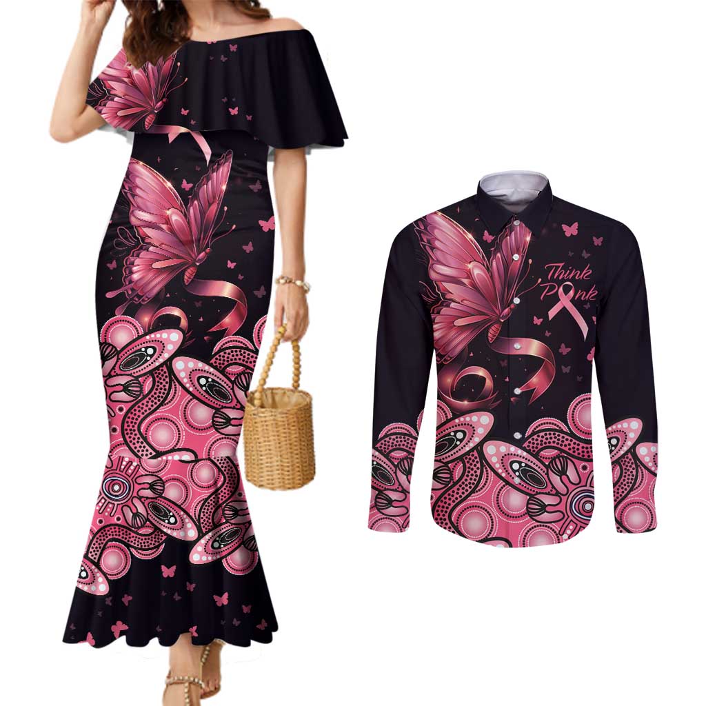 Think Pink Butterfly Ribbon Aboriginal Art Couples Matching Mermaid Dress and Long Sleeve Button Shirt
