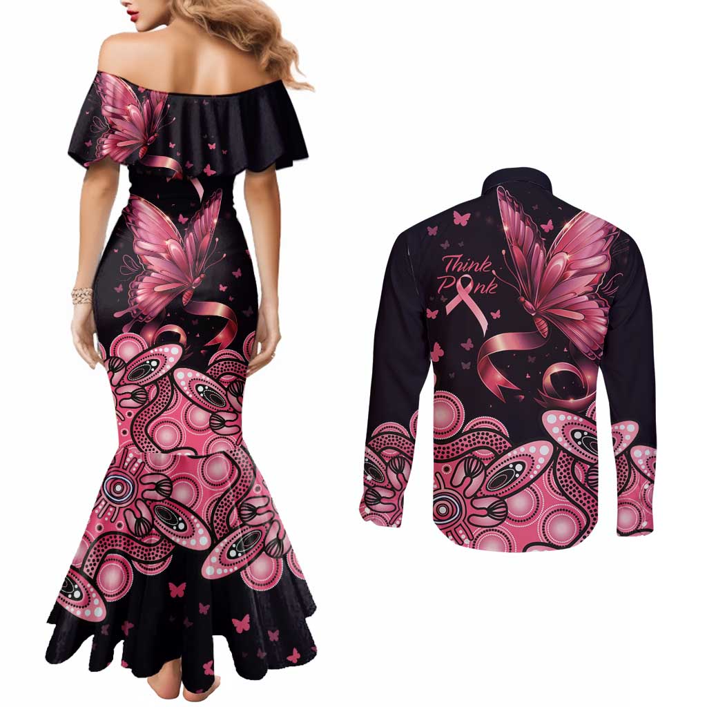 Think Pink Butterfly Ribbon Aboriginal Art Couples Matching Mermaid Dress and Long Sleeve Button Shirt