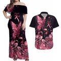 Think Pink Butterfly Ribbon Aboriginal Art Couples Matching Off Shoulder Maxi Dress and Hawaiian Shirt