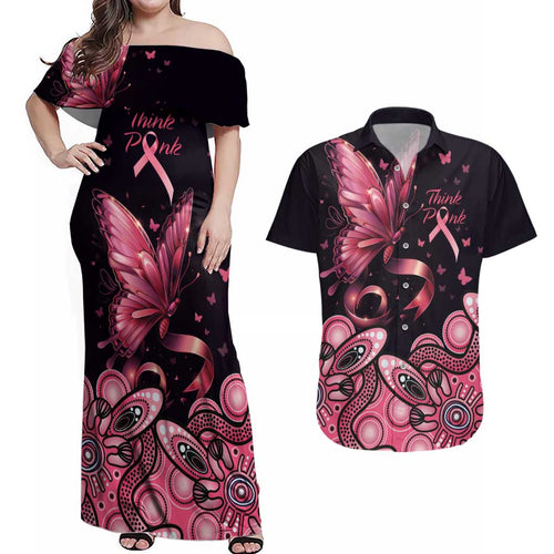 Think Pink Butterfly Ribbon Aboriginal Art Couples Matching Off Shoulder Maxi Dress and Hawaiian Shirt