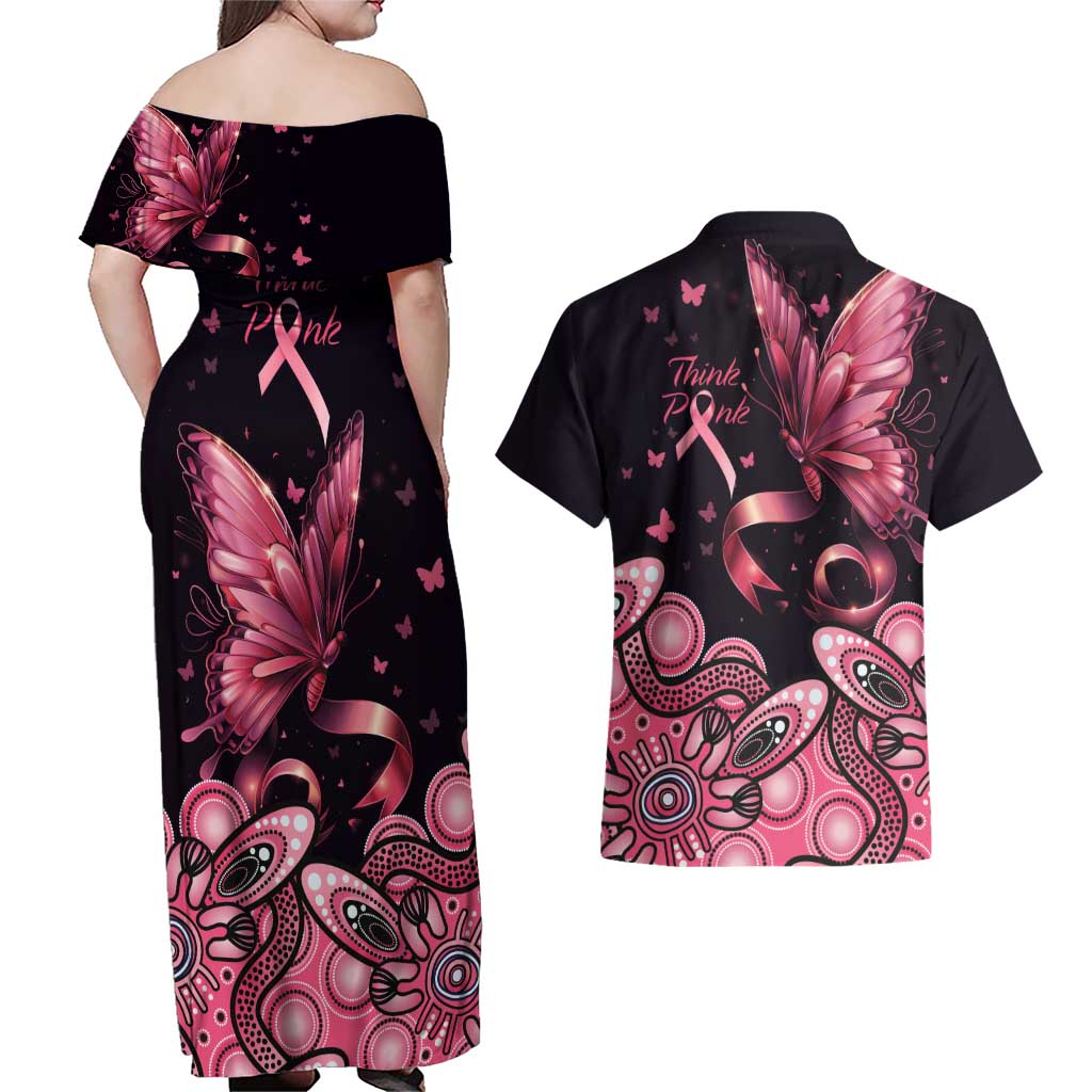 Think Pink Butterfly Ribbon Aboriginal Art Couples Matching Off Shoulder Maxi Dress and Hawaiian Shirt