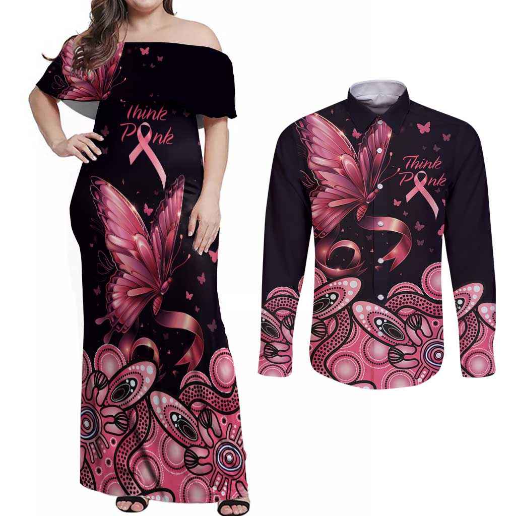 Think Pink Butterfly Ribbon Aboriginal Art Couples Matching Off Shoulder Maxi Dress and Long Sleeve Button Shirt