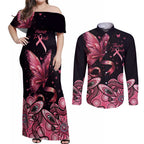 Think Pink Butterfly Ribbon Aboriginal Art Couples Matching Off Shoulder Maxi Dress and Long Sleeve Button Shirt