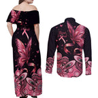 Think Pink Butterfly Ribbon Aboriginal Art Couples Matching Off Shoulder Maxi Dress and Long Sleeve Button Shirt