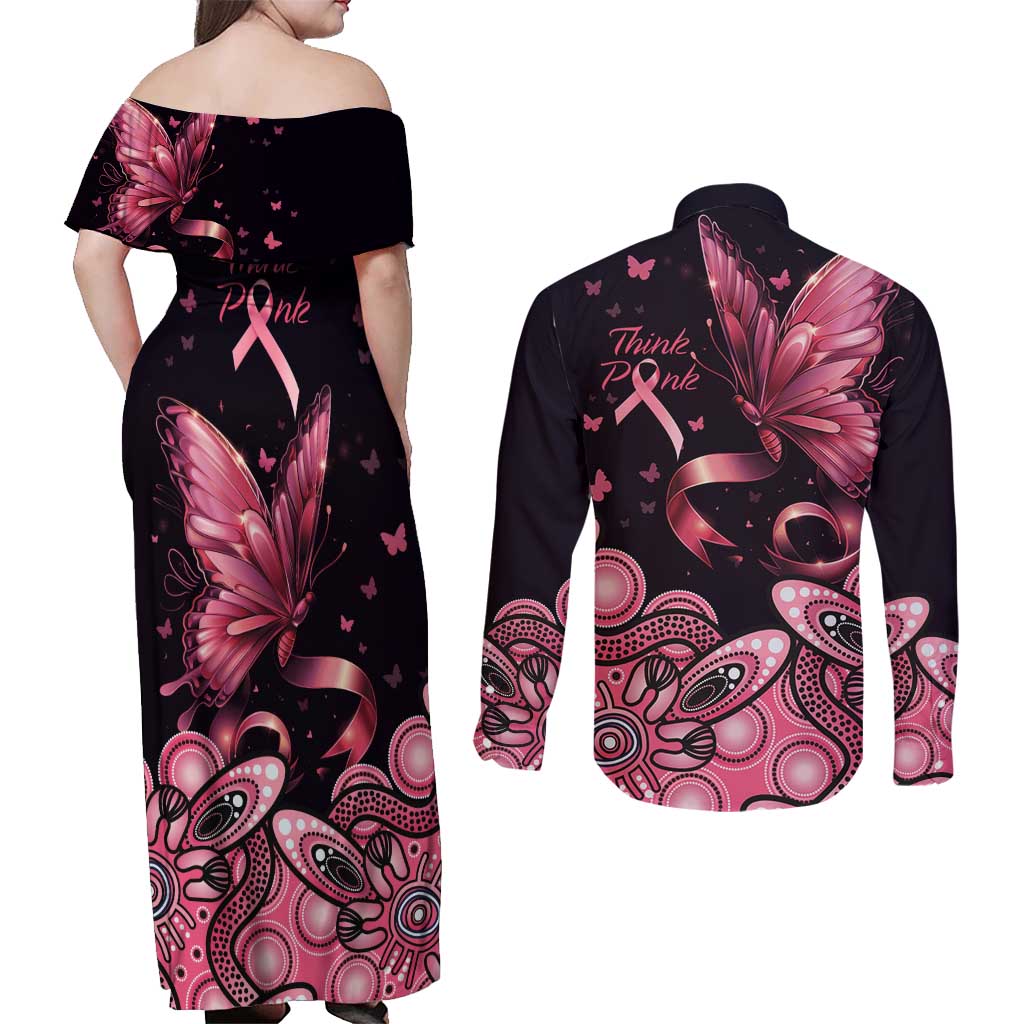 Think Pink Butterfly Ribbon Aboriginal Art Couples Matching Off Shoulder Maxi Dress and Long Sleeve Button Shirt