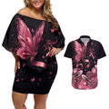 Think Pink Butterfly Ribbon Aboriginal Art Couples Matching Off Shoulder Short Dress and Hawaiian Shirt