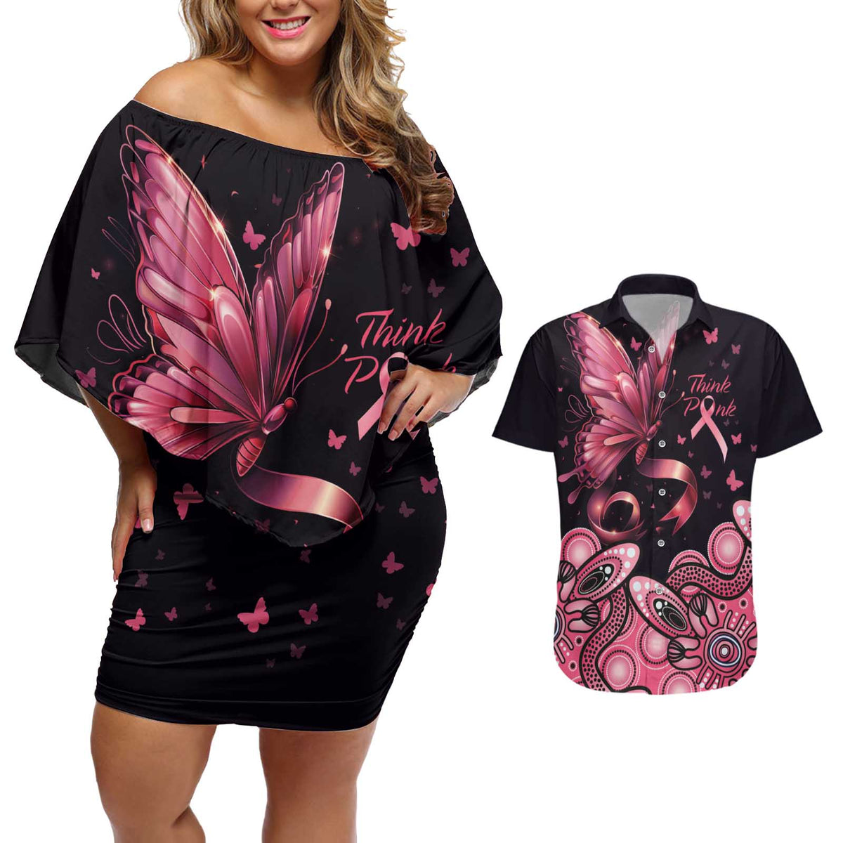 Think Pink Butterfly Ribbon Aboriginal Art Couples Matching Off Shoulder Short Dress and Hawaiian Shirt