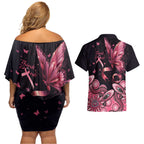 Think Pink Butterfly Ribbon Aboriginal Art Couples Matching Off Shoulder Short Dress and Hawaiian Shirt