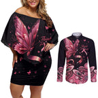 Think Pink Butterfly Ribbon Aboriginal Art Couples Matching Off Shoulder Short Dress and Long Sleeve Button Shirt