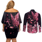 Think Pink Butterfly Ribbon Aboriginal Art Couples Matching Off Shoulder Short Dress and Long Sleeve Button Shirt