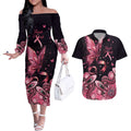 Think Pink Butterfly Ribbon Aboriginal Art Couples Matching Off The Shoulder Long Sleeve Dress and Hawaiian Shirt