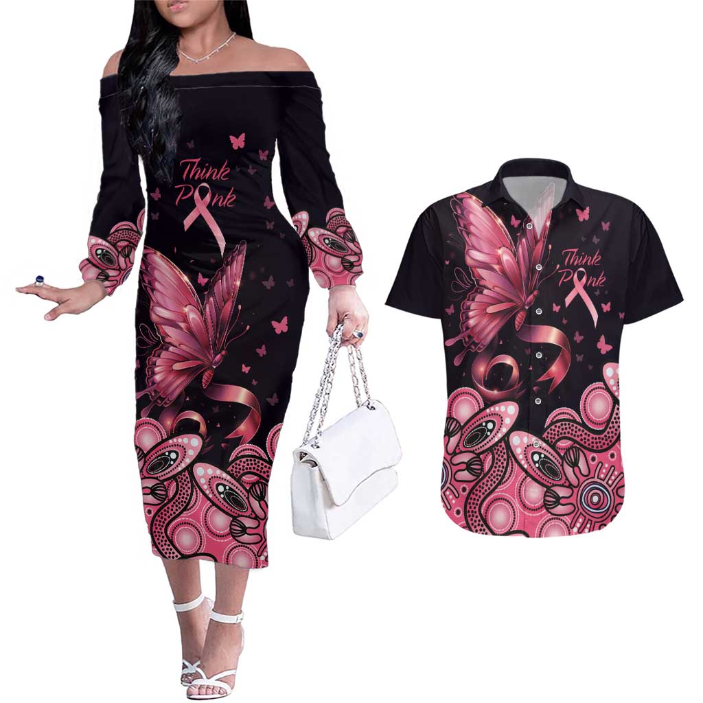 Think Pink Butterfly Ribbon Aboriginal Art Couples Matching Off The Shoulder Long Sleeve Dress and Hawaiian Shirt