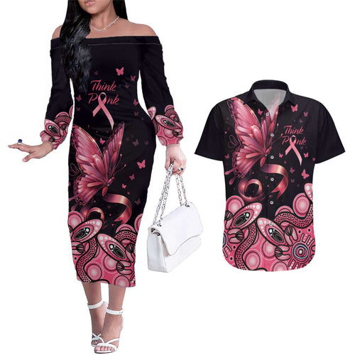 Think Pink Butterfly Ribbon Aboriginal Art Couples Matching Off The Shoulder Long Sleeve Dress and Hawaiian Shirt