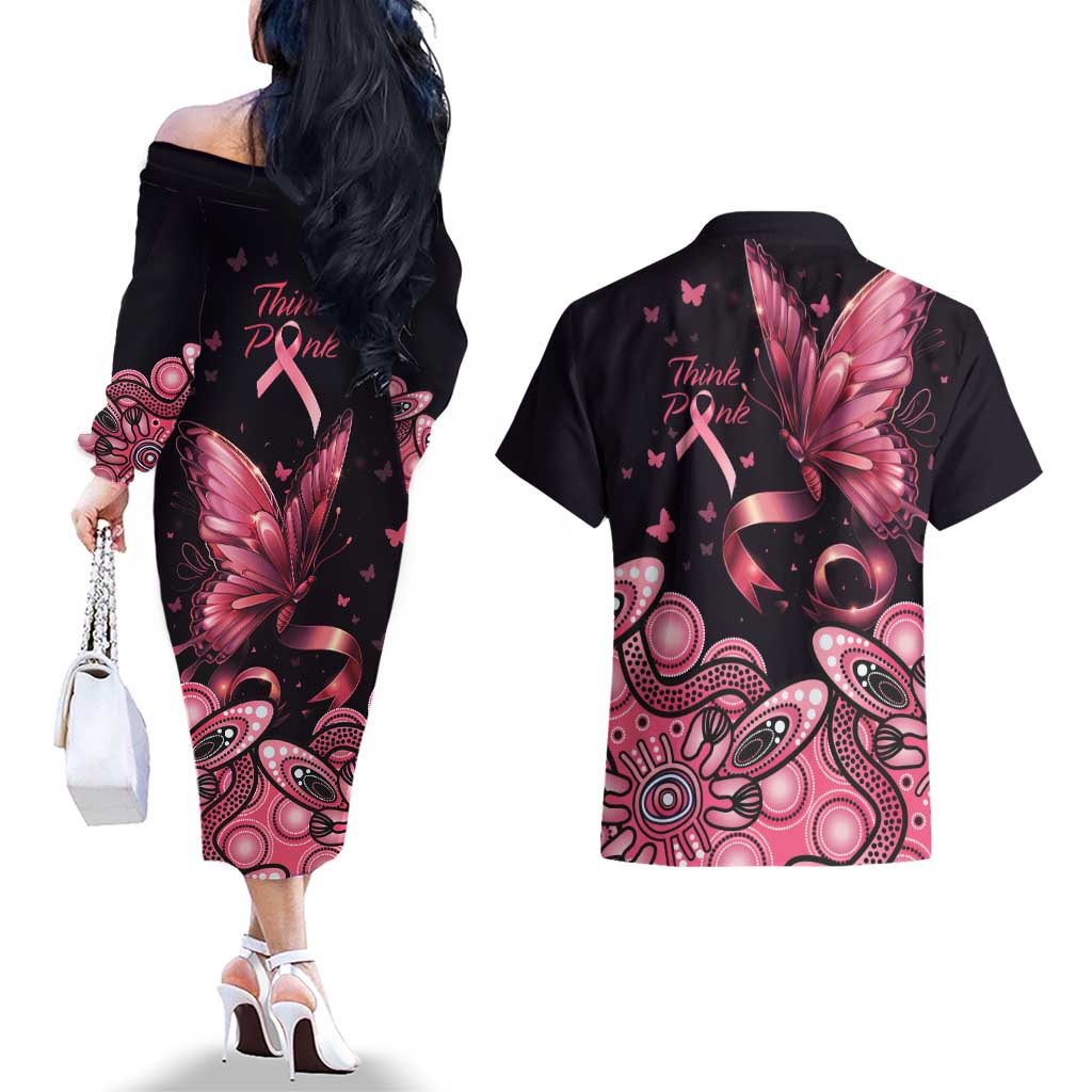 Think Pink Butterfly Ribbon Aboriginal Art Couples Matching Off The Shoulder Long Sleeve Dress and Hawaiian Shirt