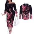 Think Pink Butterfly Ribbon Aboriginal Art Couples Matching Off The Shoulder Long Sleeve Dress and Long Sleeve Button Shirt
