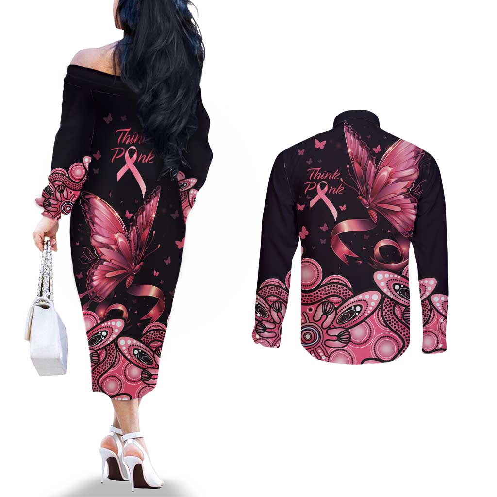 Think Pink Butterfly Ribbon Aboriginal Art Couples Matching Off The Shoulder Long Sleeve Dress and Long Sleeve Button Shirt