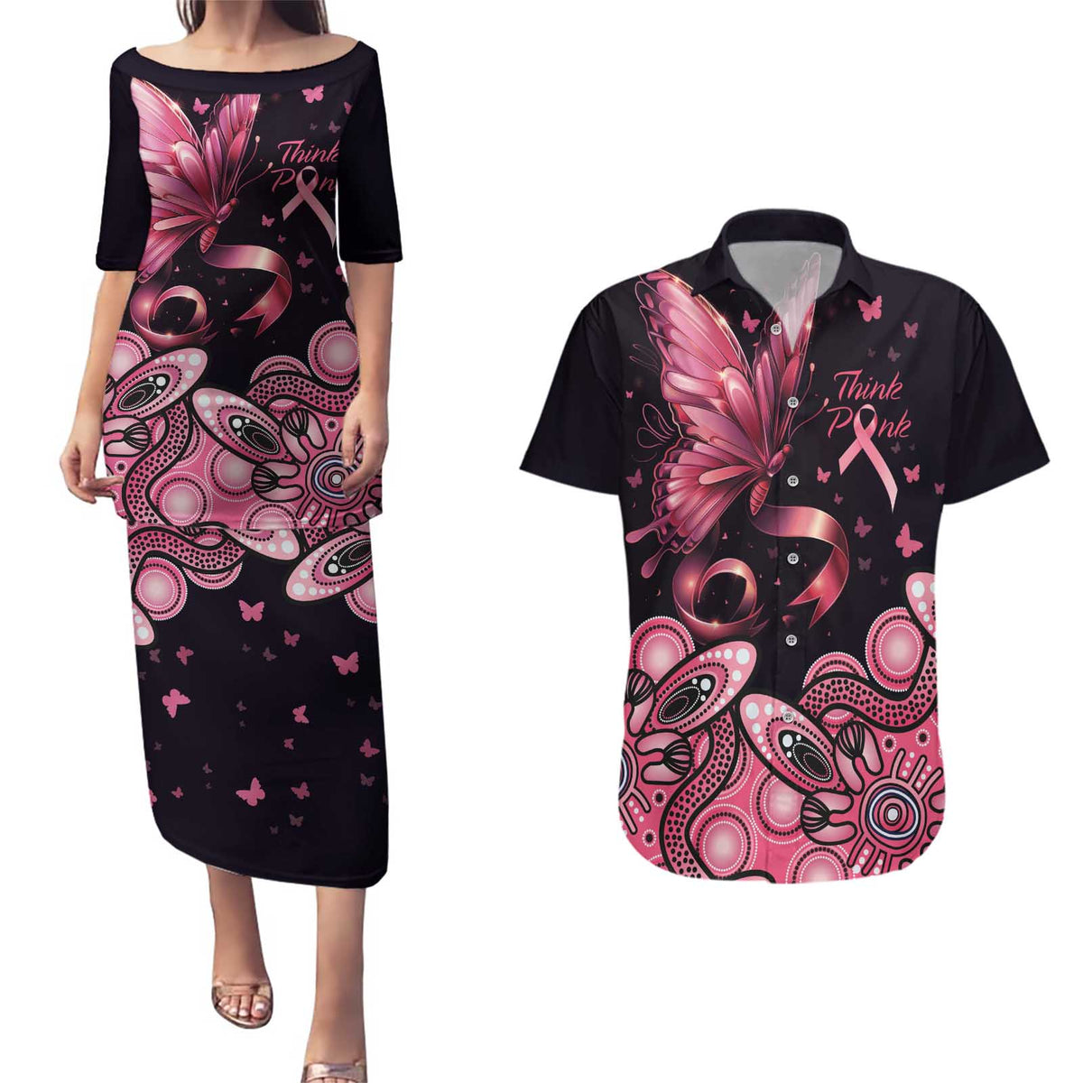 Think Pink Butterfly Ribbon Aboriginal Art Couples Matching Puletasi and Hawaiian Shirt