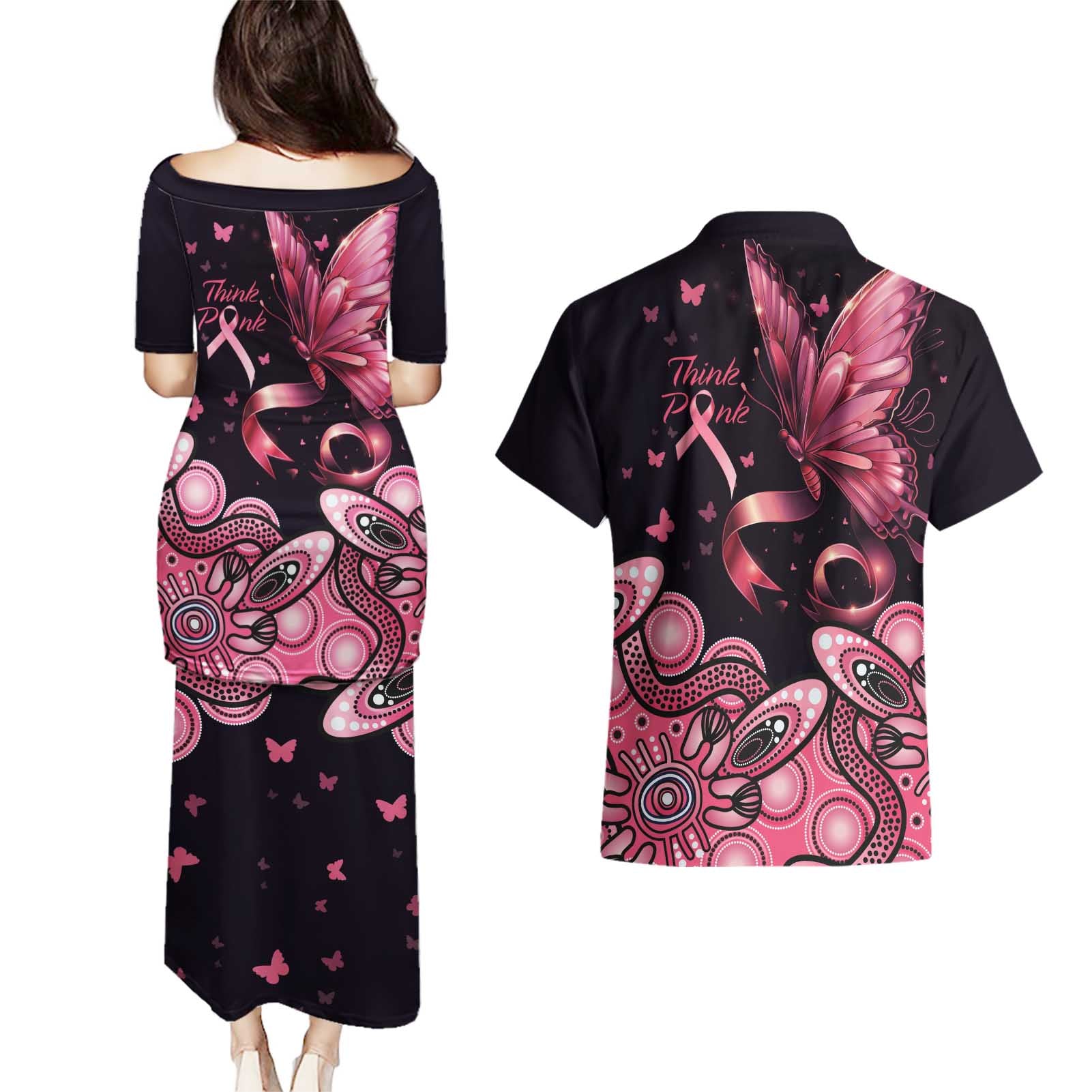 Think Pink Butterfly Ribbon Aboriginal Art Couples Matching Puletasi and Hawaiian Shirt