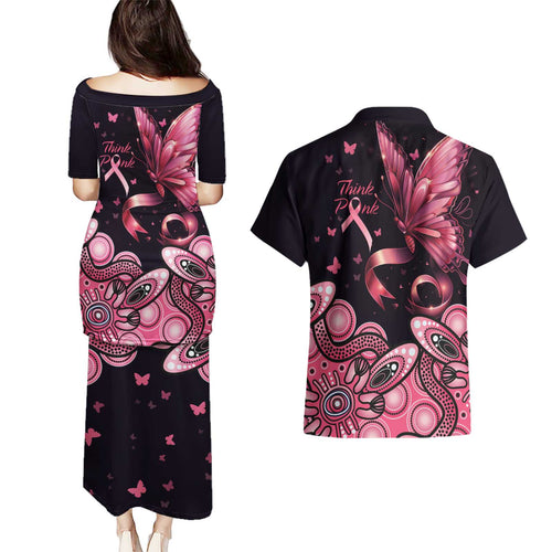Think Pink Butterfly Ribbon Aboriginal Art Couples Matching Puletasi and Hawaiian Shirt