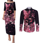 Think Pink Butterfly Ribbon Aboriginal Art Couples Matching Puletasi and Long Sleeve Button Shirt