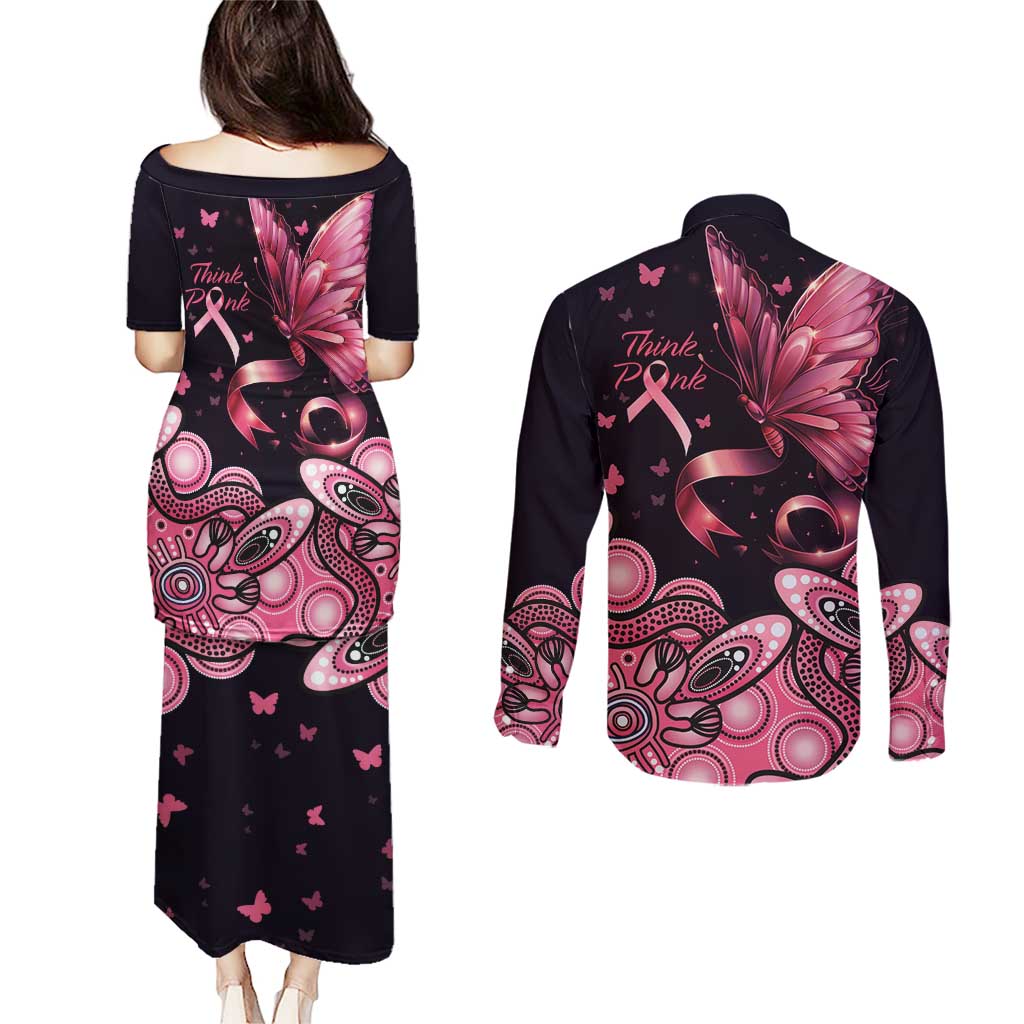 Think Pink Butterfly Ribbon Aboriginal Art Couples Matching Puletasi and Long Sleeve Button Shirt