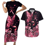Think Pink Butterfly Ribbon Aboriginal Art Couples Matching Short Sleeve Bodycon Dress and Hawaiian Shirt