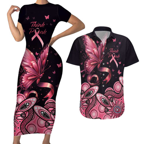 Think Pink Butterfly Ribbon Aboriginal Art Couples Matching Short Sleeve Bodycon Dress and Hawaiian Shirt