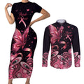 Think Pink Butterfly Ribbon Aboriginal Art Couples Matching Short Sleeve Bodycon Dress and Long Sleeve Button Shirt