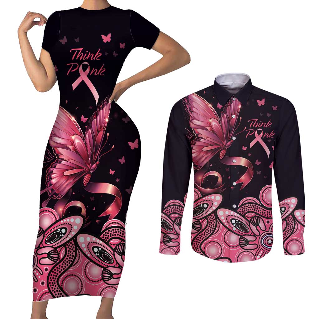Think Pink Butterfly Ribbon Aboriginal Art Couples Matching Short Sleeve Bodycon Dress and Long Sleeve Button Shirt