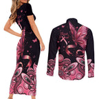 Think Pink Butterfly Ribbon Aboriginal Art Couples Matching Short Sleeve Bodycon Dress and Long Sleeve Button Shirt