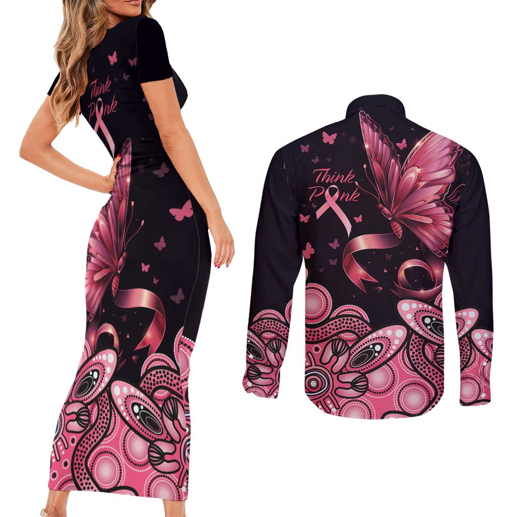 Think Pink Butterfly Ribbon Aboriginal Art Couples Matching Short Sleeve Bodycon Dress and Long Sleeve Button Shirt